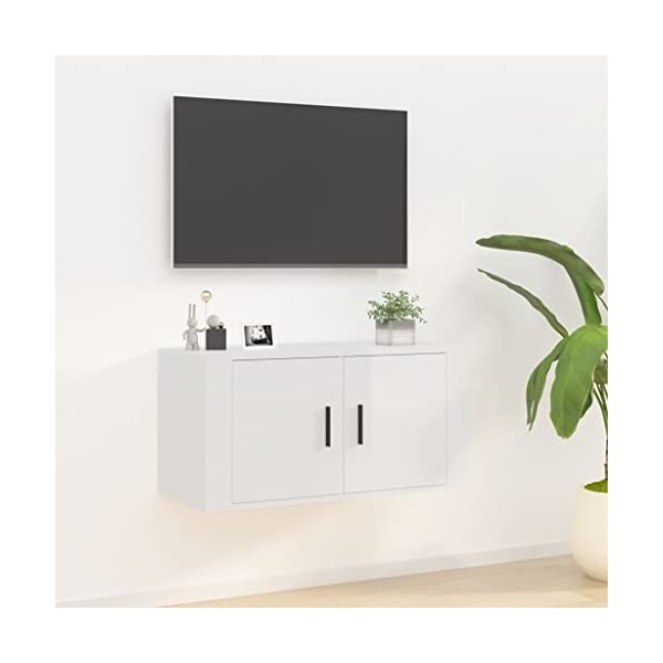 Keyur Meuble TV Suspendu, Meuble TV Mural Design Étagère Murale pour Télévision Meuble TV Mural Blanc Brillant 80x34,5x40 cm