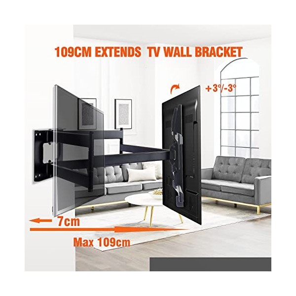 FORGING MOUNT Support TV mural longue portée 109cm Double bras articulé Entièrement mobile, Inclinable Pivotant Support TV po