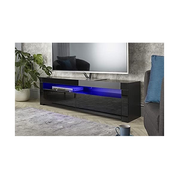 MMT Furniture BRG1550 Meuble TV avec lumières LED bleues – Console TV et unité de divertissement avec rangement – Étagère de 