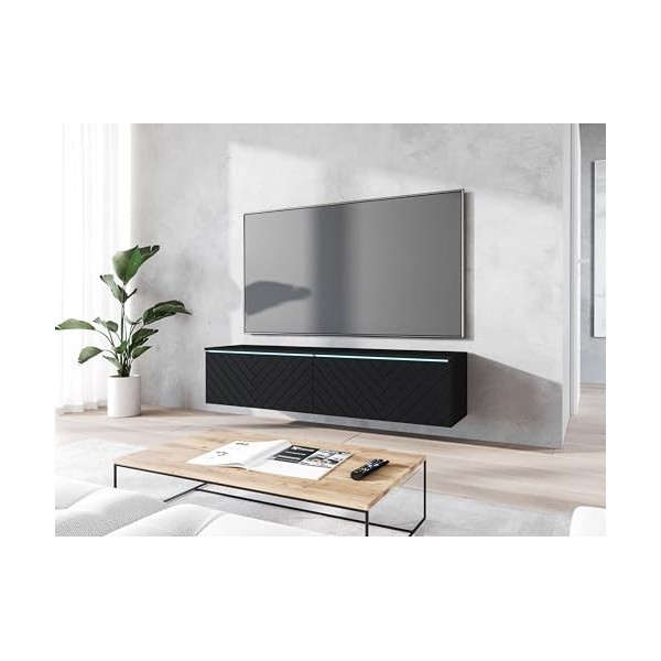 Meuble TV Donna, Largeur 140 cm, Lowboard TV, Debout ou Suspendu, Meuble Salon, Panneaux de Particules stratifiés, Style Mode