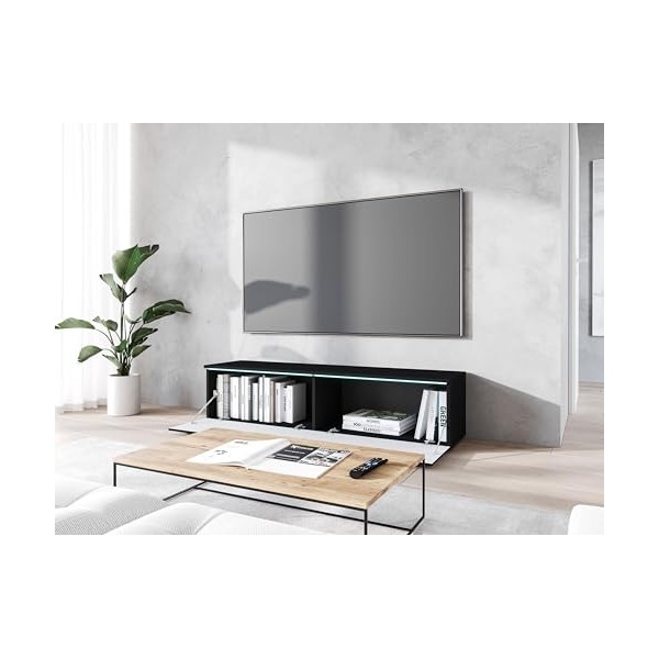 Meuble TV Donna, Largeur 140 cm, Lowboard TV, Debout ou Suspendu, Meuble Salon, Panneaux de Particules stratifiés, Style Mode