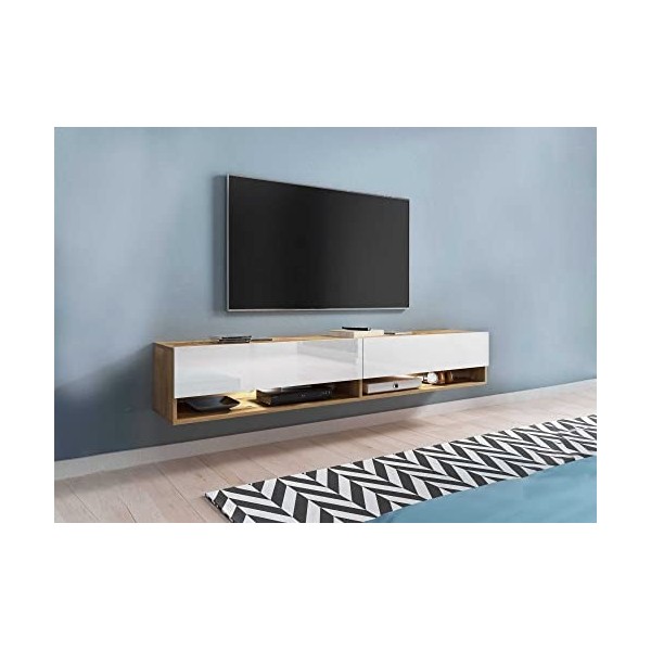 DECO IN PARIS Meuble TV Suspendu 2 Portes 2 niches en chêne et Blanc Romane XXL - 180 cm