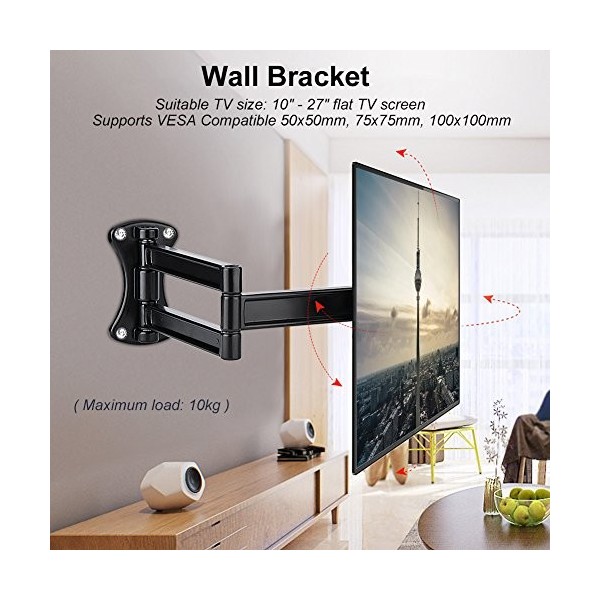 Zerone Support TV mural articulé Full Motion Support TV pour écran plat TV LED LCD 10-27 pouces, inclinable à 90 degrés, pivo