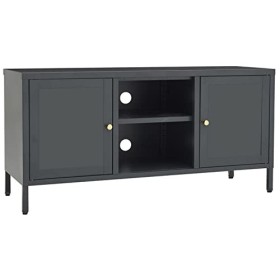 JUNZAI Meuble TV Anthracite 105x35x52 cm Acier et Verre,Meuble TV,Table Basse Salon Meuble TV,Table Basse LED Couleurs