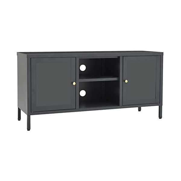 JUNZAI Meuble TV Anthracite 105x35x52 cm Acier et Verre,Meuble TV,Table Basse Salon Meuble TV,Table Basse LED Couleurs