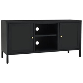 JUNZAI Meuble TV Noir 105x35x52 cm Acier et Verre,Meuble TV,Table Basse Salon Meuble TV,Table Basse LED Couleurs