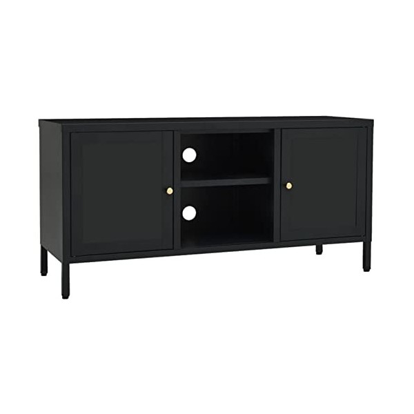JUNZAI Meuble TV Noir 105x35x52 cm Acier et Verre,Meuble TV,Table Basse Salon Meuble TV,Table Basse LED Couleurs