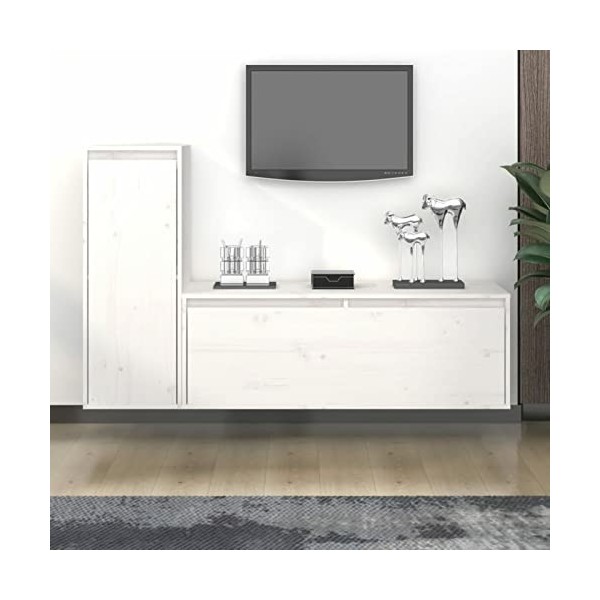 GuyAna Meubles TV 2 pcs Blanc Bois Massif de pin,Table Basse LED Couleurs,Meuble TV,Table Basse Salon Meuble TV