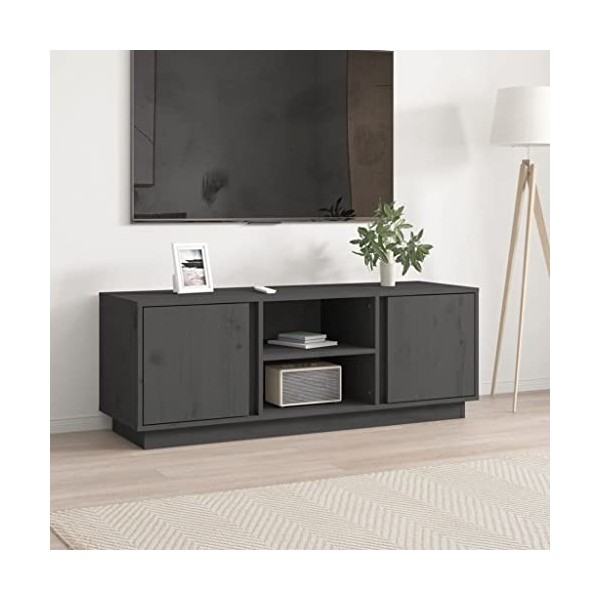 FIRBNUS Meuble TV Gris 110x35x40,5 cm Bois de Pin Massif Armoire TV Salon Classique Armoire Média Grand Espace de Rangement p