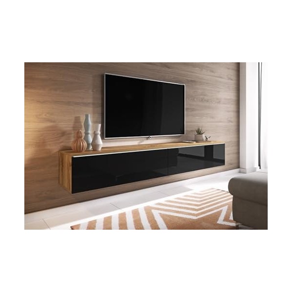 Meuble TV Donna, Largeur 180 cm, Lowboard TV, Debout ou Suspendu, Meuble Salon, Panneaux de Particules stratifiés, Style Mode