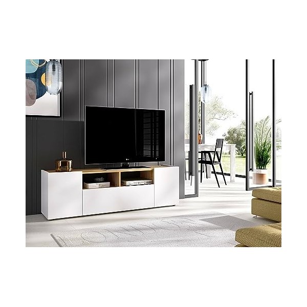 Dmora Meuble TV Etna, Bas, Buffet de Salon pour télévision, 142 x 35 x 44 cm, Blanc et chêne Noeuds, Mélamine