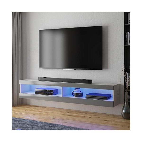 Selsey VIANSOLA - Meuble TV/Meuble de Salon Blanc Mat/Gris Brillant, 140 cm, éclairage LED Inclus 