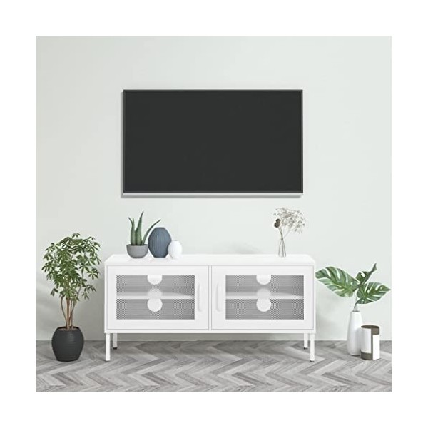 Meuble TV avec 2 Portes | Style Contemporain | Rangement matériel télé Audio Video Gaming | 105x35x50cm Blanc