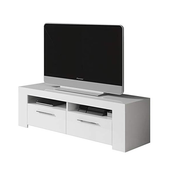 Dmora - Support TV Stamford, Buffet TV salon, Meuble TV avec 2 portes, Buffet bas pour salon, cm 120x42h40, Blanc brillant