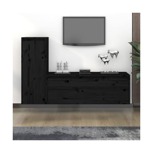 Meubles TV 2 pcs Noir Bois Massif de pin - Meuble TV, Armoire Basse Centre, Support Télé pour Salon Chambre,
