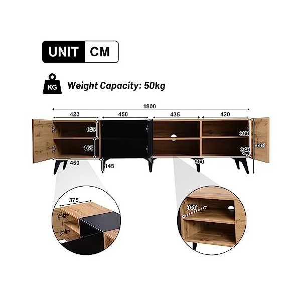 Yiiannda Meuble TV moderne avec 2 étagères de rangement ouvertes et 3 armoires pour salon