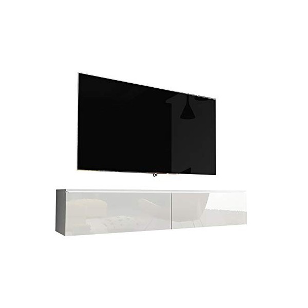 Selsey Kane - Meuble TV à Suspendre/Banc TV chêne wotan/Blanc Brillant, 180 cm, avec LED