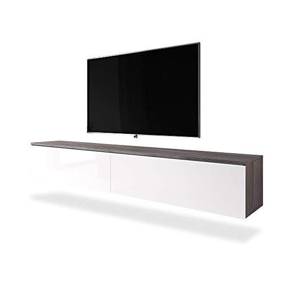 Selsey Kane - Meuble TV à Suspendre/Banc TV chêne wotan/Blanc Brillant, 180 cm, avec LED