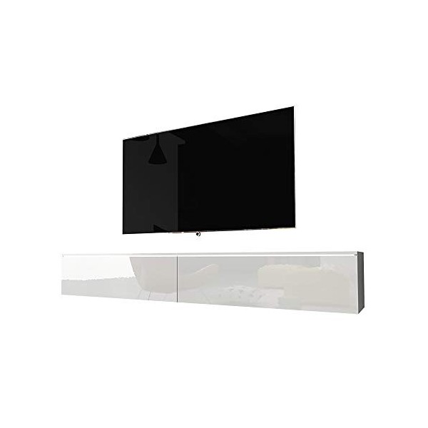 Selsey Kane - Meuble TV à Suspendre/Banc TV chêne wotan/Blanc Brillant, 180 cm, avec LED