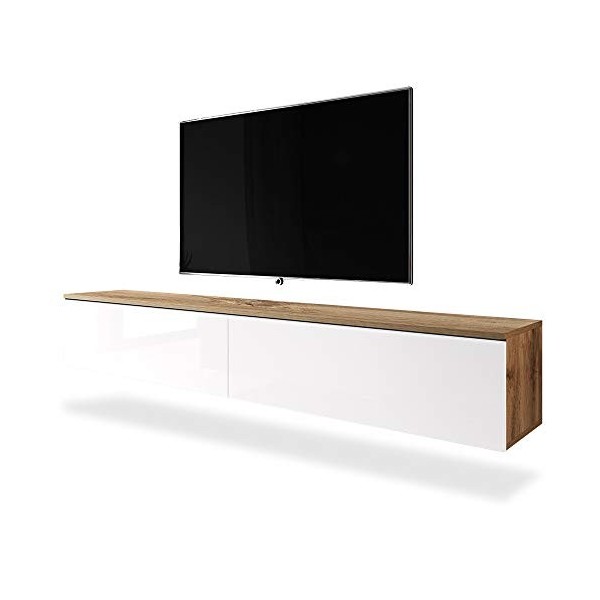 Selsey Kane - Meuble TV à Suspendre/Banc TV chêne wotan/Blanc Brillant, 180 cm, avec LED