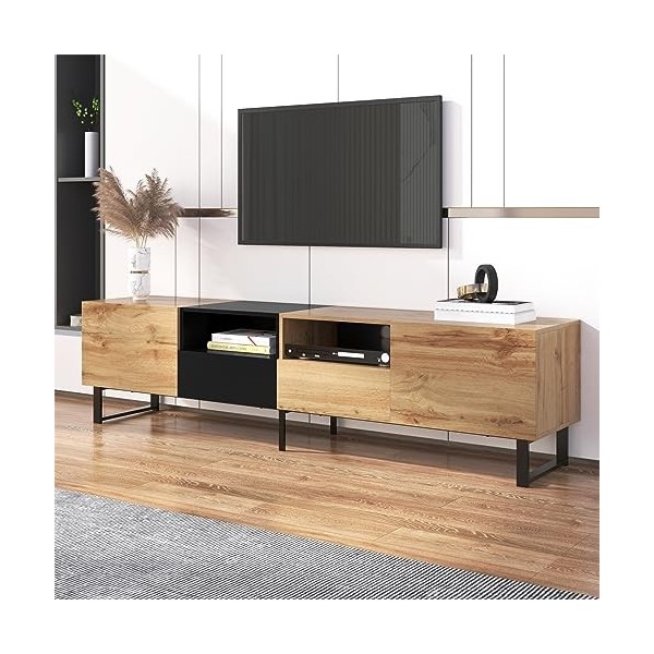 Sweiko Meuble TV moderne en bois massif avec design noir et bois - Meuble TV avec 2 portes et 2 tiroirs - Pour salon et chamb