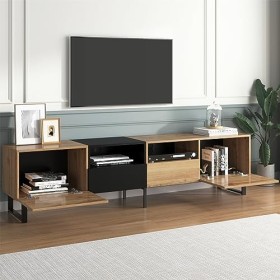 Sweiko Meuble TV moderne en bois massif avec design noir et bois - Meuble TV avec 2 portes et 2 tiroirs - Pour salon et chamb