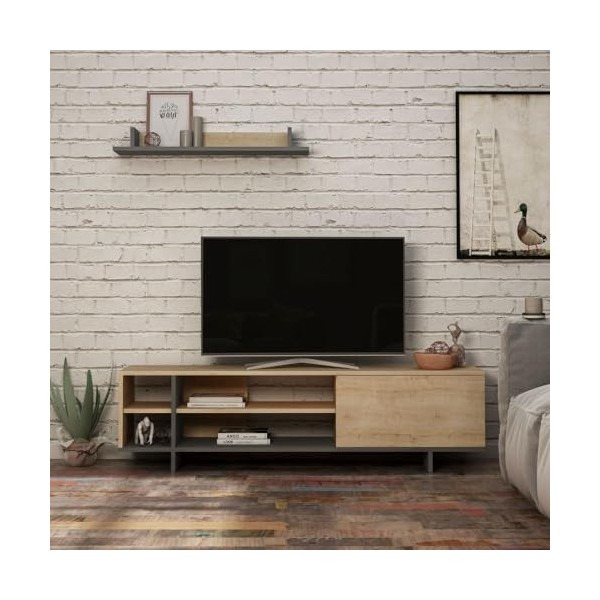 Toscohome Stockton Meuble TV 160 cm en bois avec étagère et étagères couleur chêne et anthracite