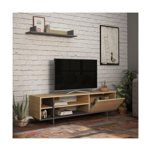 Toscohome Stockton Meuble TV 160 cm en bois avec étagère et étagères couleur chêne et anthracite