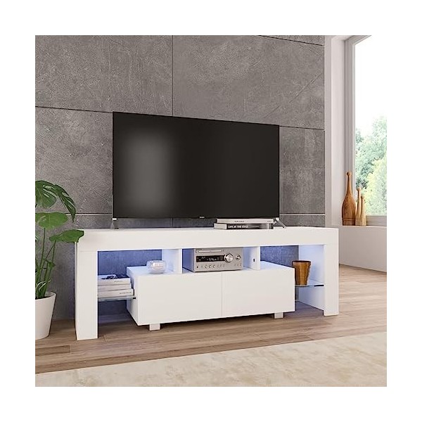 Meuble TV avec lumière LED Blanc Brillant 130 x 35 x 45 cm - Meuble TV de Salon Banc Télé Industriel, Support Rangement Conso