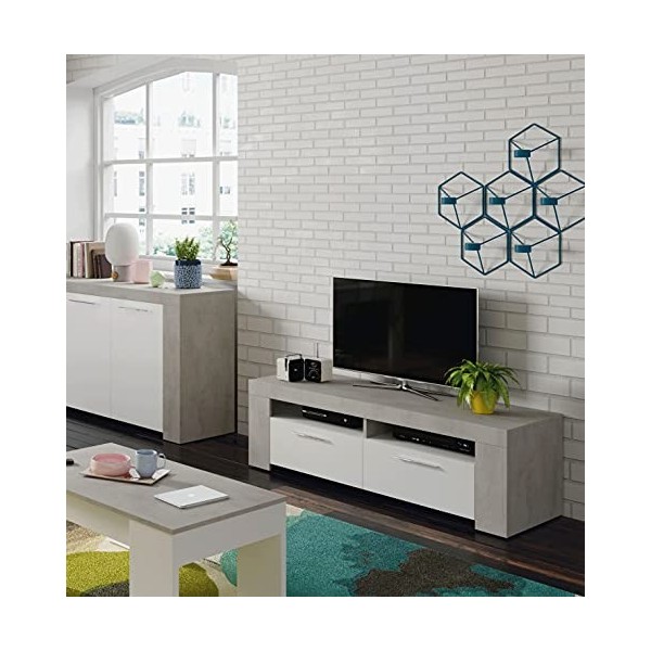 Dmora - Support TV Stamford, Buffet TV salon, Meuble TV avec 2 portes, Buffet bas pour salon, cm 120x42h40, Blanc et Gris