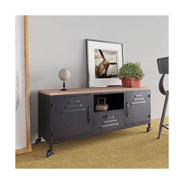 Générique Meuble TV Noir 110x30x43 cm Fer et Bois de pin Massif,16.8 KG,340766, Meubles, Meubles TV