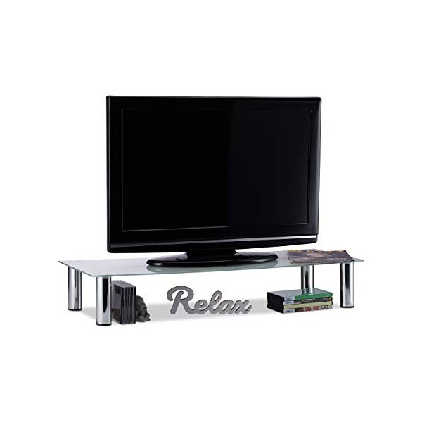 relaxdays Table TV, Pieds métalliques chromés, élévation écran, rectangulaire,rehausseur, en Verre, 100x35x17 cm, Blanc/argen