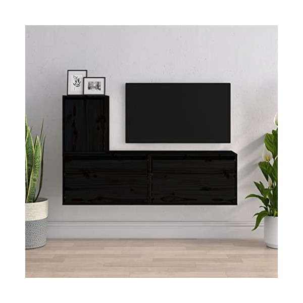 ZEYUAN Meubles TV 3 pcs Noir Bois Massif de pin,Meuble TV,Meuble TV Moderne,Meuble de Salon