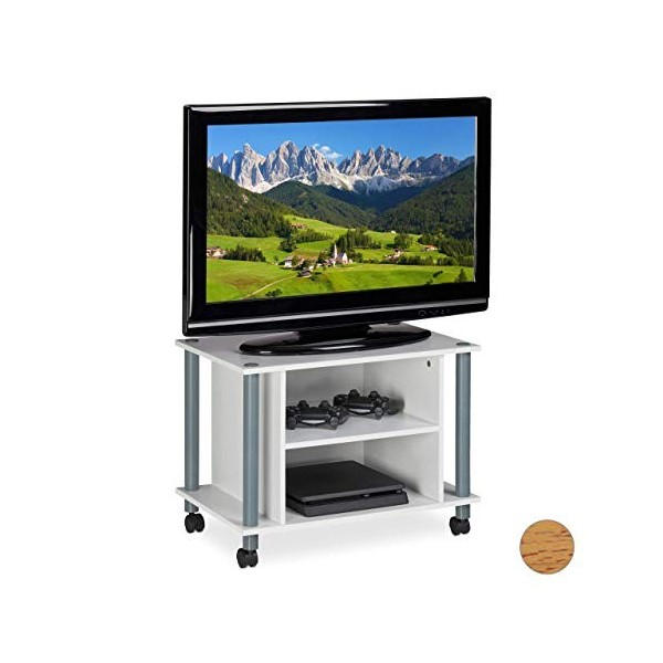 Relaxdays Meuble TV, Compartiments, étagère, Buffet à Roues pour téléviseur, HxlxP 45x60x40cm, Panneau de Particules, Papier,