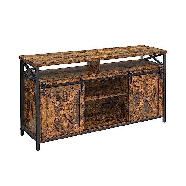 VASAGLE Meuble TV, Support pour Téléviseur Jusqu’à 65 Pouces, avec Étagères Réglables, Portes Imitation Grange, Style Rustiqu