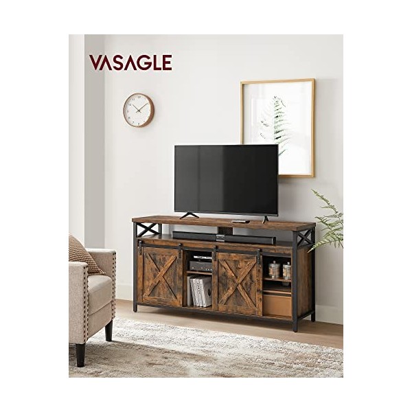 VASAGLE Meuble TV, Support pour Téléviseur Jusqu’à 65 Pouces, avec Étagères Réglables, Portes Imitation Grange, Style Rustiqu