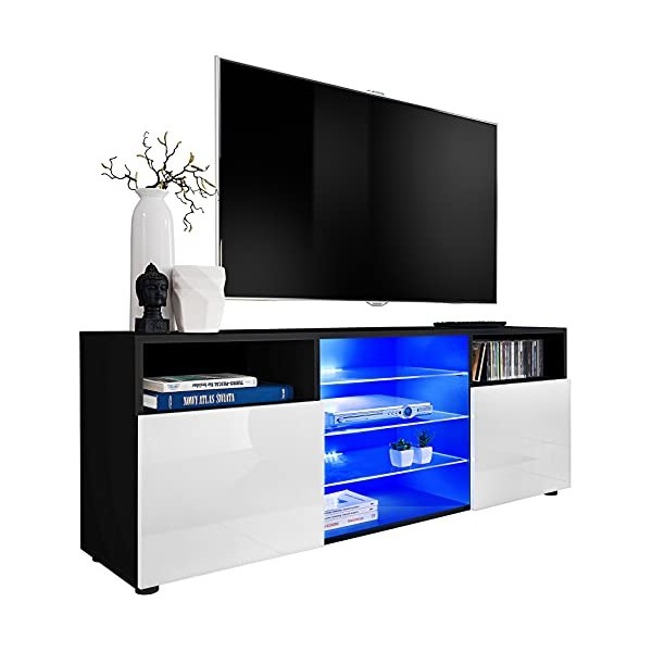 ExtremeFurniture T38 Meuble TV, Carcasse en Noir Mat/Façade en Blanc Brillant + LED Bleues