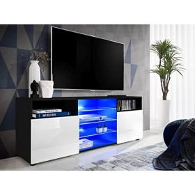 ExtremeFurniture T38 Meuble TV, Carcasse en Noir Mat/Façade en Blanc Brillant + LED Bleues