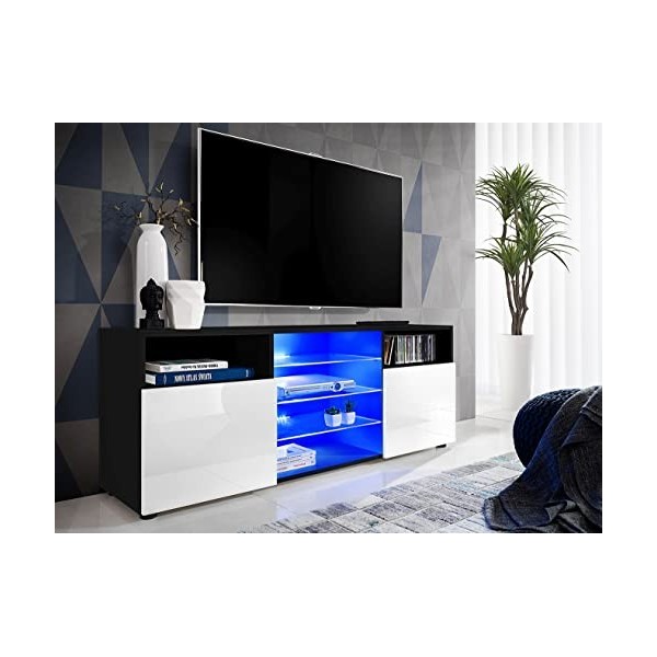 ExtremeFurniture T38 Meuble TV, Carcasse en Noir Mat/Façade en Blanc Brillant + LED Bleues