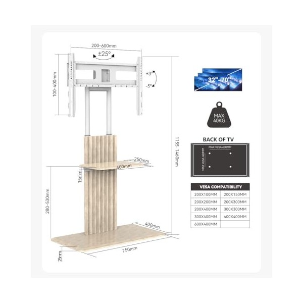 ETHU Support TV sur Pied Meuble Universel Mobile pour Télévision de 32-70 Pouces，Hauteur Réglable，avec étagères, Max VESA 600