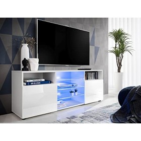 Komodee, Meuble Banc TV Urbino, Blanc/Blanc, Largeur 140cm x Hauteur 53cm x Profondeur 35cm, LED Bleues, pour Salon, Chambre