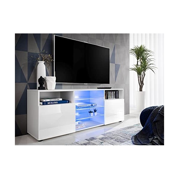Komodee, Meuble Banc TV Urbino, Blanc/Blanc, Largeur 140cm x Hauteur 53cm x Profondeur 35cm, LED Bleues, pour Salon, Chambre