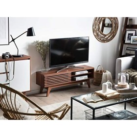 Meuble TV Bois Foncé en MDF avec Porte Coulissante 1 Etagère Plaqué Rétro Toledo