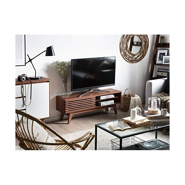 Meuble TV Bois Foncé en MDF avec Porte Coulissante 1 Etagère Plaqué Rétro Toledo