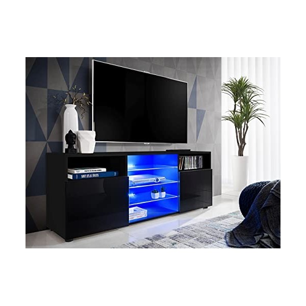 Meuble TV Unité pour Salon avec 3 Étagères en Verre, Grand Espace de Rangement, LED, 140 x 53 x 35 cm, jusquà 65" TV, Design
