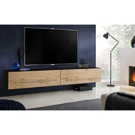 Komodee, Meuble Banc TV Loreto, Wotan Mat/Noir Mat, Largeur 200 cm x Hauteur 30 cm x Profondeur 41,5 cm, Style Moderne/Minima