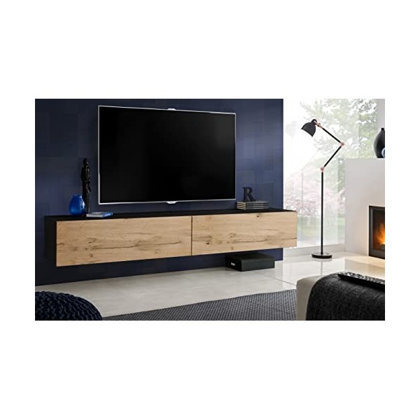 Komodee, Meuble Banc TV Loreto, Wotan Mat/Noir Mat, Largeur 200 cm x Hauteur 30 cm x Profondeur 41,5 cm, Style Moderne/Minima