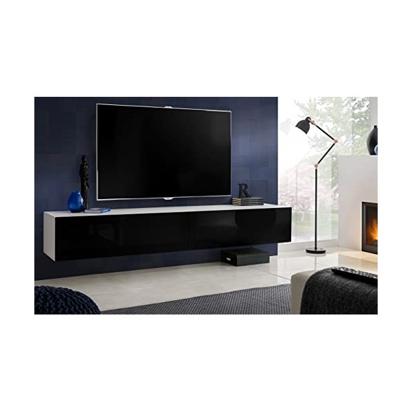 Komodee, Meuble Banc TV Loreto, Wotan Mat/Noir Mat, Largeur 200 cm x Hauteur 30 cm x Profondeur 41,5 cm, Style Moderne/Minima