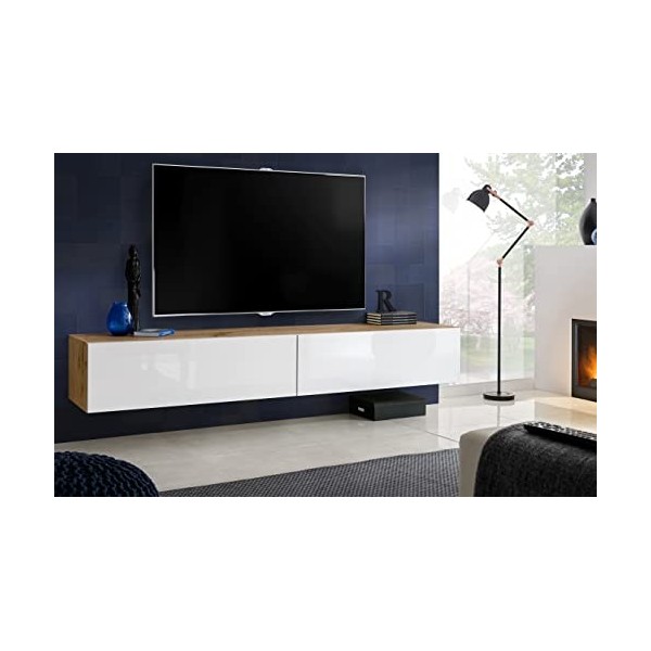 Komodee, Meuble Banc TV Loreto, Wotan Mat/Noir Mat, Largeur 200 cm x Hauteur 30 cm x Profondeur 41,5 cm, Style Moderne/Minima