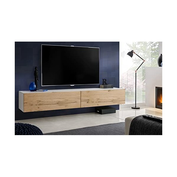 Komodee, Meuble Banc TV Loreto, Wotan Mat/Noir Mat, Largeur 200 cm x Hauteur 30 cm x Profondeur 41,5 cm, Style Moderne/Minima